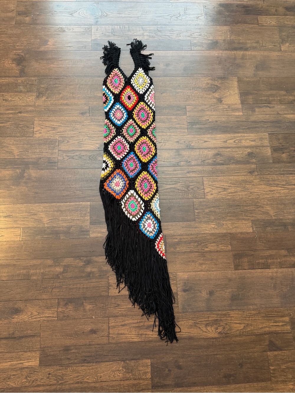 Black Crochet Fringe Midi Dress with Multicolor Accents